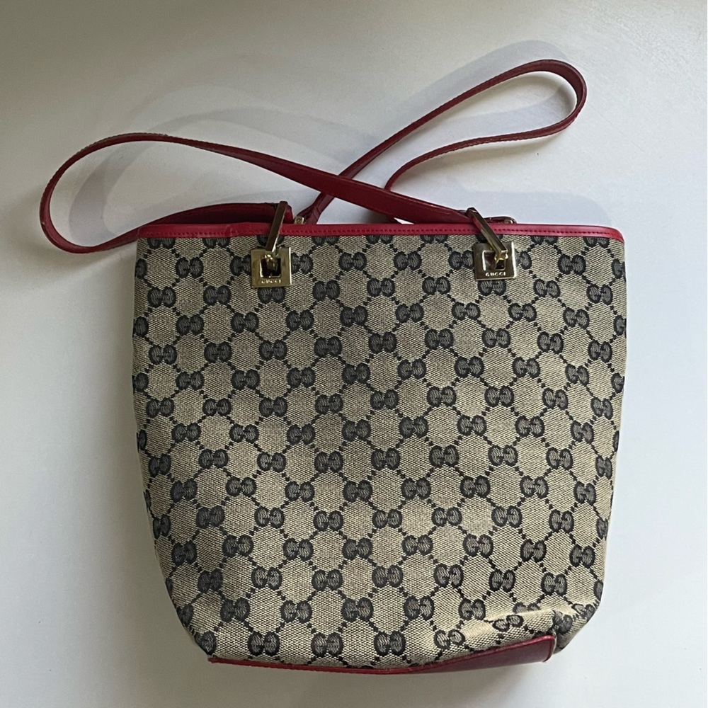 Gucci Monogram Logo Print Canvas Shoulder Bag Red Handles